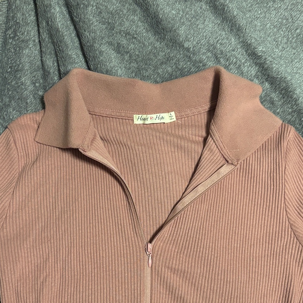 Heart & Hips Ribbed Zip-Up Blouse - Tan